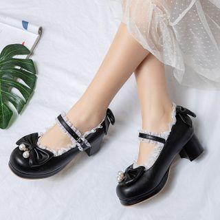 Bow Ruffle Trim Chunky Heel Mary Jane Pumps