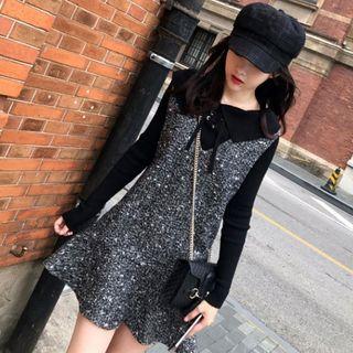 Set: Long-sleeve Knit Top + Mini A-line Pinafore Dress