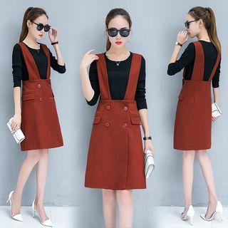 Set: Plain Long Sleeve Top + Double Breasted Suspender Skirt