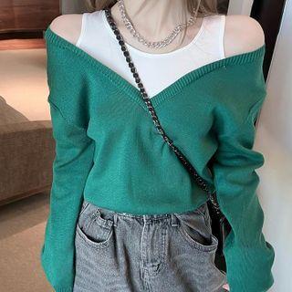 Mock Two-piece Long-sleeve Cold-shoulder Knit Top