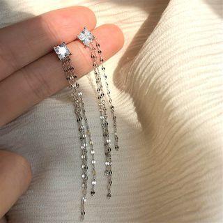 925 Sterling Silver Rhinestone Fringed Earring 1 Pair - 925silver Square Rhinestone Tassel Earring - One Size