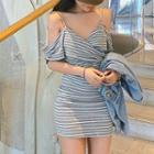 Cold Shoulder Striped Mini Sheath Dress Gray - One Size