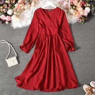 Long-sleeve Frill Trim V-neck Midi A-line Dress