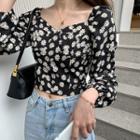 Floral Long-sleeve Cropped Blouse As Shown In Figure - One Size