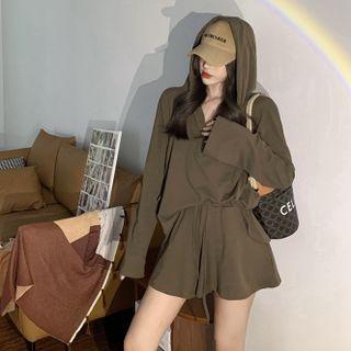 Set: Long-sleeve Polo Shirt + Shorts 9193 - Brown - One Size