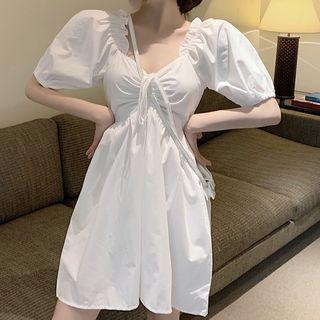 Puff-sleeve Slim-fit Drawstring Dress White - One Size