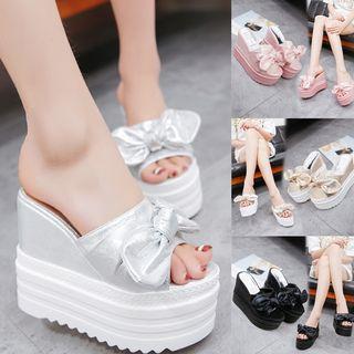 Platform Wedge Bow-accent Shimmer Slide Sandals