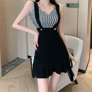 Color Panel Plaid Ruffled-trim Dress