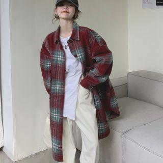 Long Plaid Shirt Jacket Plaid - Green & Maroon - One Size