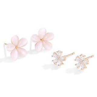2 Pair Set : Flower Cat Eye Stone / Rhinestone Earring Rose Gold - One Size