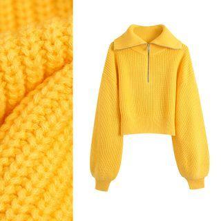 Lapel Plain Zip Collar Sweater