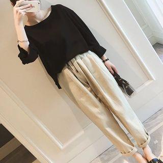 Set: Plain 3/4-sleeve Top + Cropped Drawstring Pants