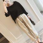 Set: Plain 3/4-sleeve Top + Cropped Drawstring Pants