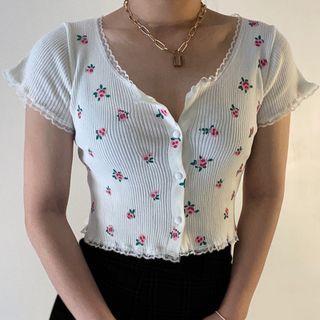Short-sleeve Floral Button-up Knit Crop Top