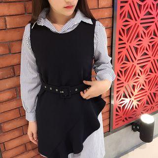 Set: Striped Shirtdress + Ruffled Diagonal Hem Vest