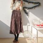 Floral Crinkled Long Velvet Skirt