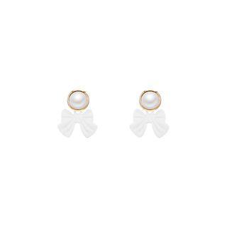 Bow Faux Pearl Dangle Earring 1 Pair - Silver Stud - White - One Size