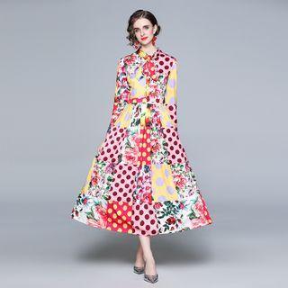 Dotted Floral Print Maxi A-line Dress