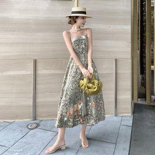 Spaghetti Strap Fox Print Midi A-line Dress
