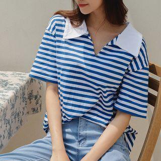 Collared V-neck Stripe T-shirt