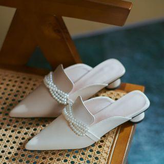 Round Heel Faux Pearl Mules