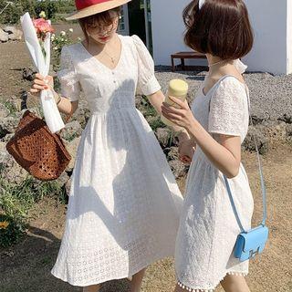 Short-sleeve Front Button Lace Dress