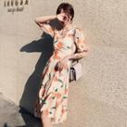 Flower Print Elbow-sleeve Midi A-line Chiffon Dress