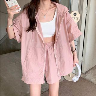 Set: Elbow-sleeve Hooded Zip-up Jacket + Wide Leg Shorts