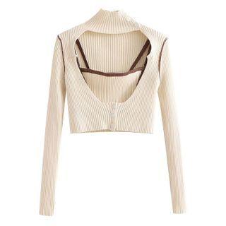 Set: Mock-neck Cut-out Knit Top + Camisole Top