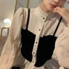 Mock Two-piece Long-sleeve Frill Trim Blouse Almond - One Size