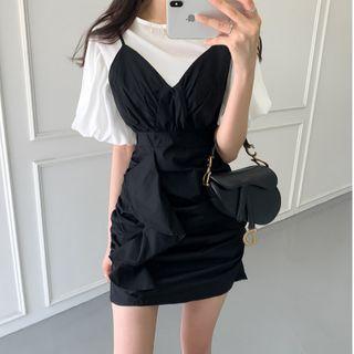 Puff-sleeve Plain Top / Sleeveless Asymmetric Ruffle Trim Slim Fit Dress