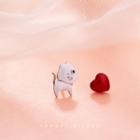 Non-matching Cat & Heart Stud Earring 1 Pair - White & Red - One Size