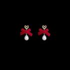 Heart Bow Velvet Faux Pearl Dangle Earring 1 Pair - S925 Silver - Earrings - White & Red - One Size