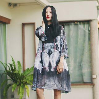 Japanese-style Printed Chiffon Qipao(waist Belt Not Included)