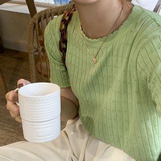 Short-sleeve Round-neck Ruffle Trim Plain Knit Top