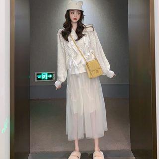 Long-sleeve Tie Accent Cable Knit Cardigan / High-waist Sheer Skirt