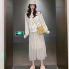 Long-sleeve Tie Accent Cable Knit Cardigan / High-waist Sheer Skirt