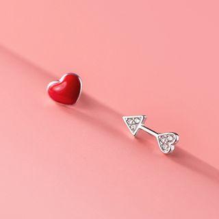 Arrow Rhinestone Heart Asymmetrical Sterling Silver Earring 1 Pair - Silver & Red - One Size