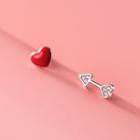 Arrow Rhinestone Heart Asymmetrical Sterling Silver Earring 1 Pair - Silver & Red - One Size