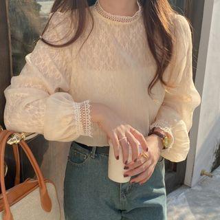 Balloon-sleeve Mock-neck Lace Trim Top