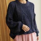 Balloon-sleeve Multicolor Cable-knit Sweater