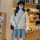 Pleated Skirt / Set: Frilled Long-sleeve Loose-fit Blouse + Knit Vest