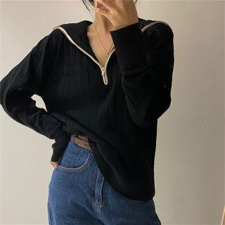 Long-sleeve Zipped Detail Plain Top As Shown In Figure - One Size