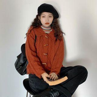 Toggle-front Cable Knit Sailor Collar Cardigan Wine Red - One Size