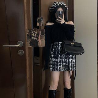 Long-sleeve Cold Shoulder Knit Top / Plaid Mini A-line Skirt