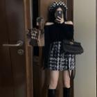 Long-sleeve Cold Shoulder Knit Top / Plaid Mini A-line Skirt