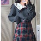 Tie-waist Collar Knit Sweater / Plaid Mini Skirt