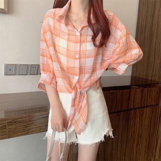 Elbow-sleeve Plaid Tie-hem Blouse