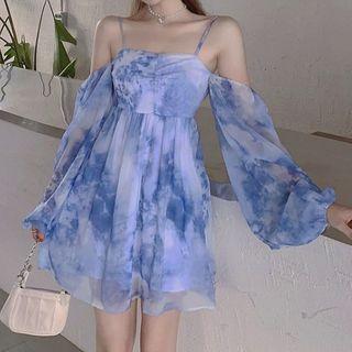 Dye Print Cold-shoulder Mini A-line Dress