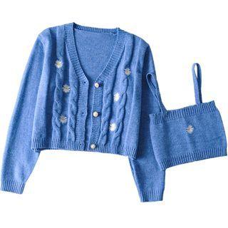 Set: Flower Embroidered Cropped Knit Camisole + Cardigan